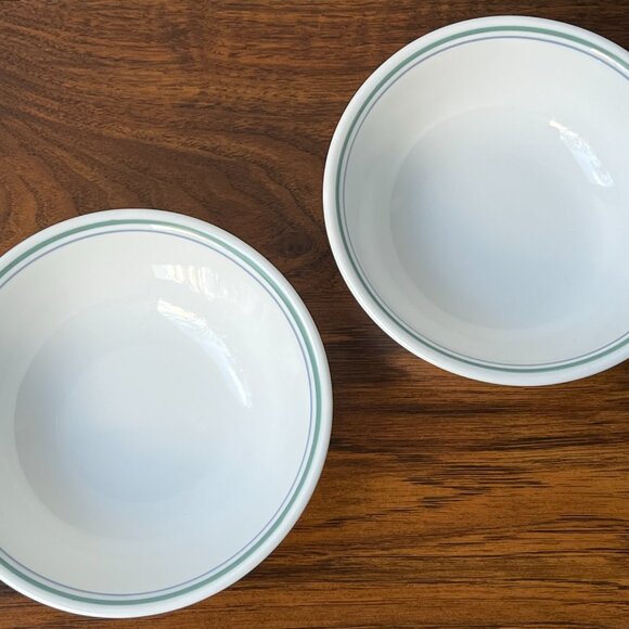 Corelle Vitrelle USA 2 Cereal Bowls Rosemarie Green Rim - Picture 6 of 9